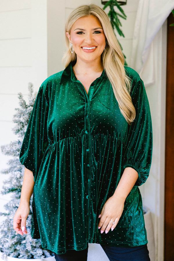 Chic Soul plus size clothing, green and gold polka dot velour mid sleeve button down baby doll tunic