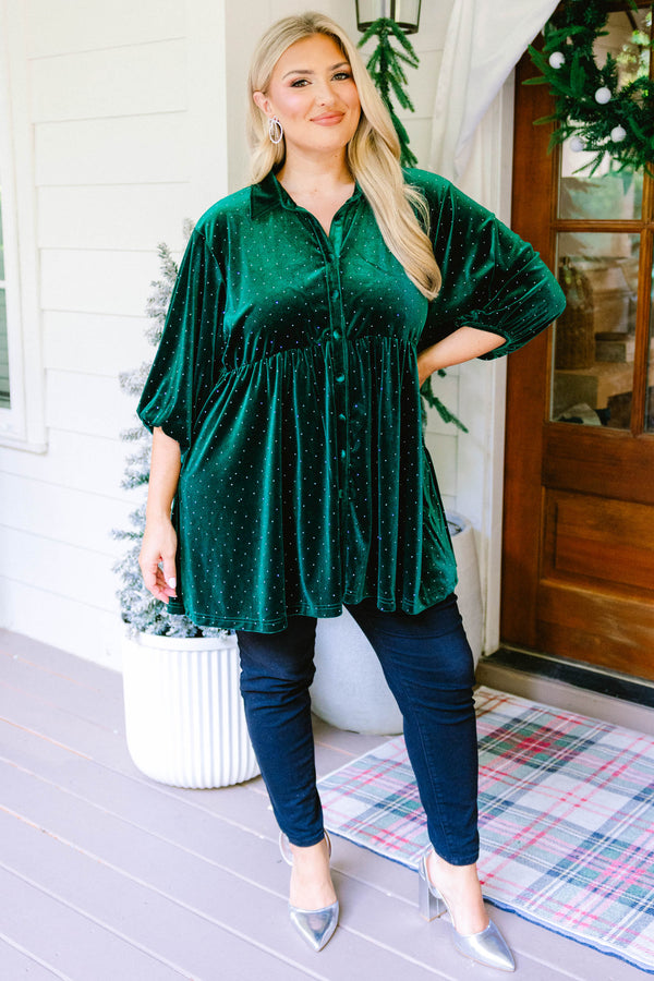 Chic Soul plus size clothing, green and gold polka dot velour mid sleeve button down baby doll tunic