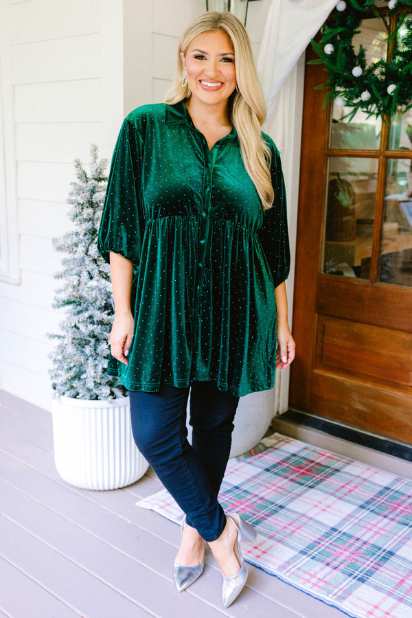 Chic Soul plus size clothing, green and gold polka dot velour mid sleeve button down baby doll tunic