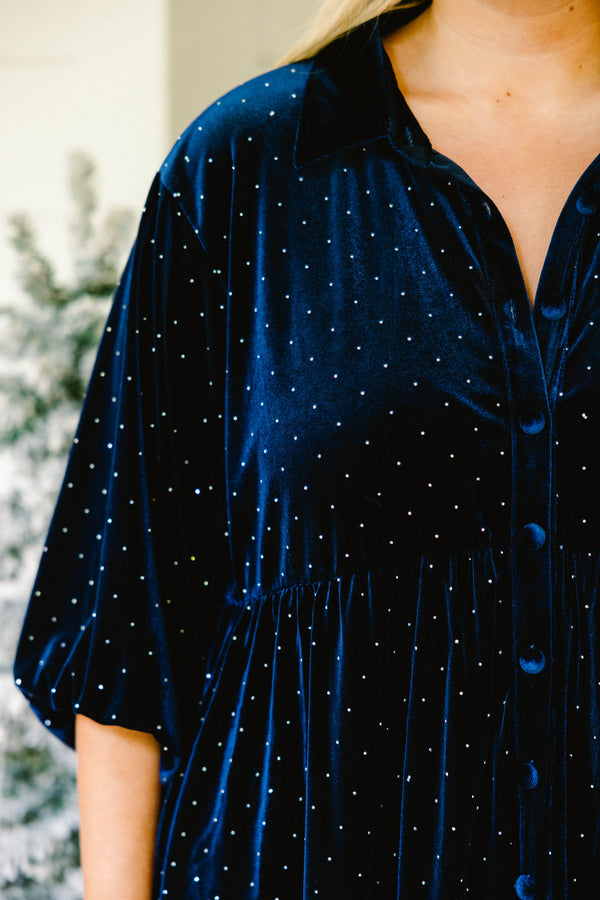 Chic Soul plus size clothing, navy blue and gold polka dot mid sleeve babydoll tunic with button down front and collar