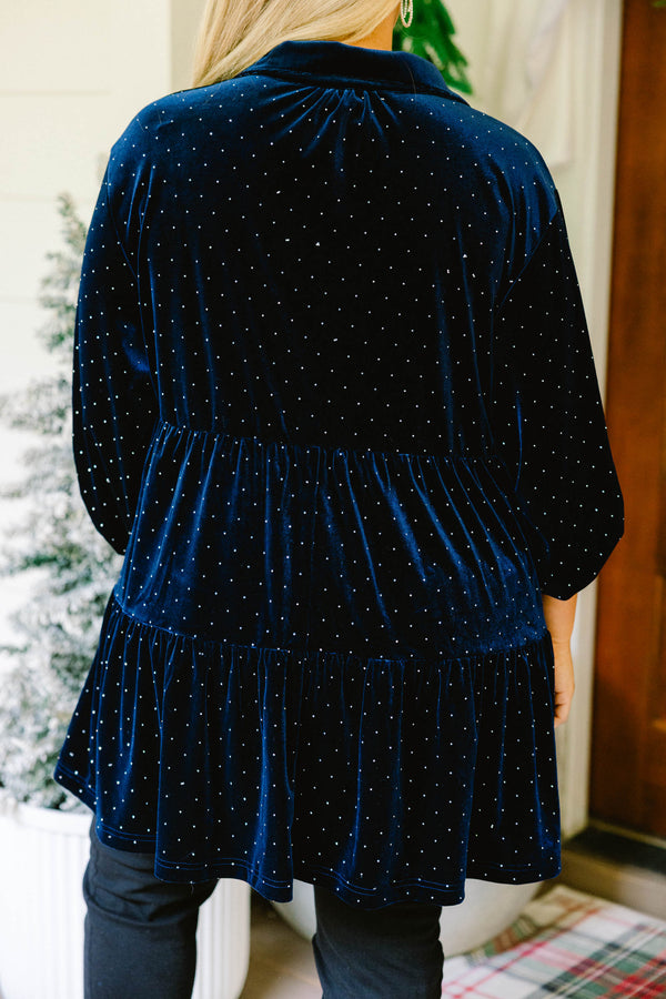Chic Soul plus size clothing, navy blue and gold polka dot mid sleeve babydoll tunic with button down front and collar