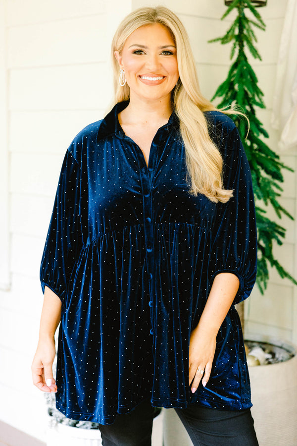 Chic Soul plus size clothing, navy blue and gold polka dot mid sleeve babydoll tunic with button down front and collar