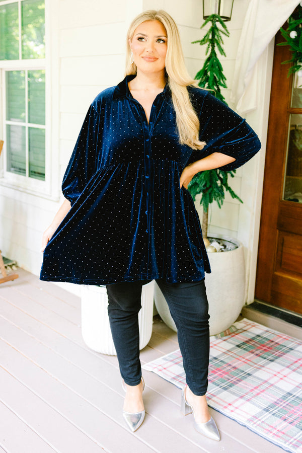 Chic Soul plus size clothing, navy blue and gold polka dot mid sleeve babydoll tunic with button down front and collar