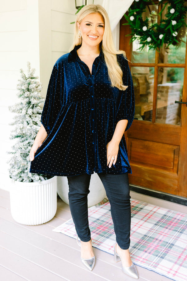 Chic Soul plus size clothing, navy blue and gold polka dot mid sleeve babydoll tunic with button down front and collar