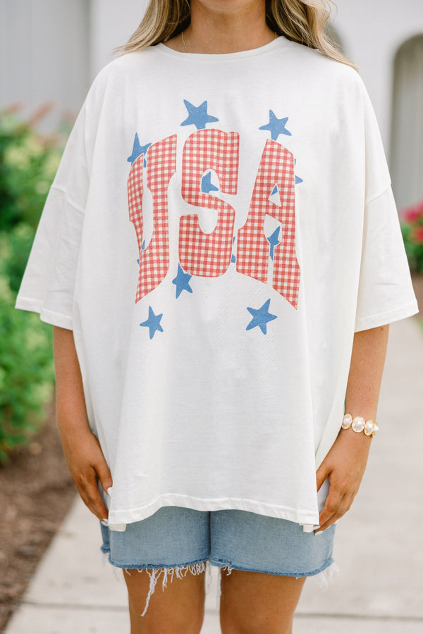 Plus Size ivory oversized boyfriend tee with checkered USA graphic and blue stars.