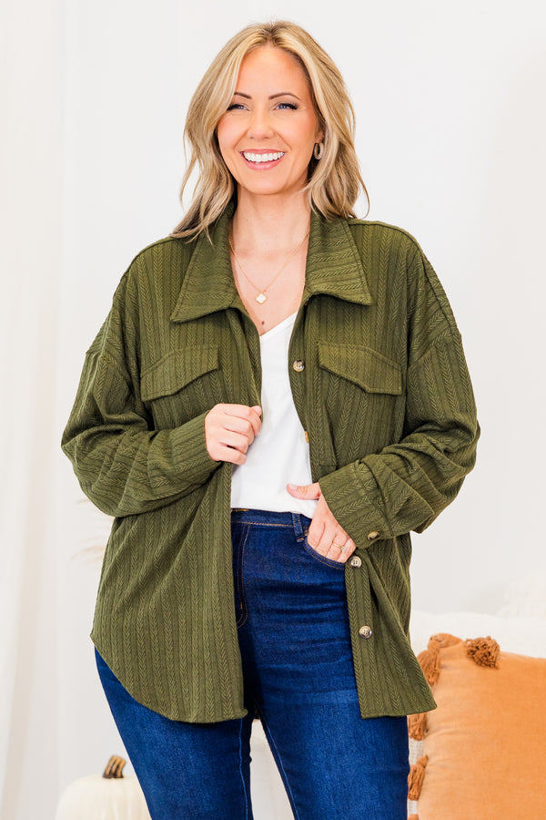 Chic Soul plus size clothing, long-sleeve olive green collared buttoned shacket with small cable-knit lined detailing 