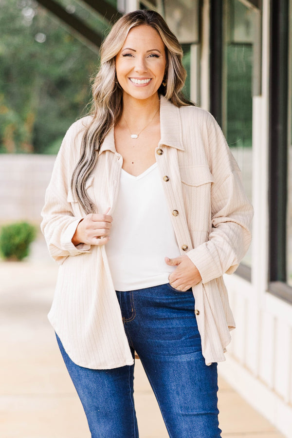 Chic Soul plus size clothing, taupe textured shacket with brown buttoned detailing and front pockets
