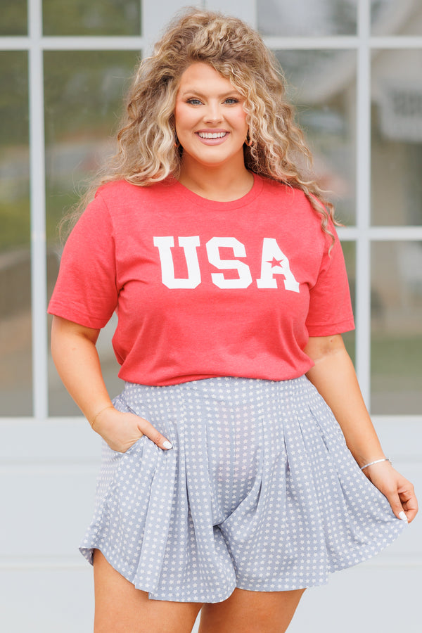 Chic Soul plus size clothing, heather red t shirt with 