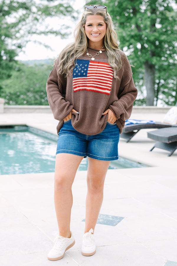 Chic Soul plus size clothing, brown knit long sleeve sweater with knit American flag on front