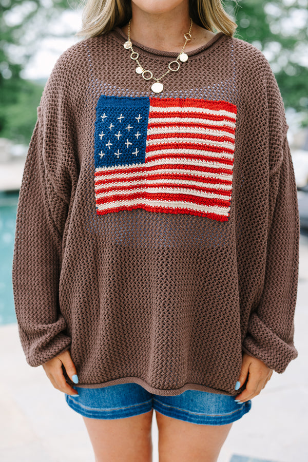 Chic Soul plus size clothing, brown knit long sleeve sweater with knit American flag on front