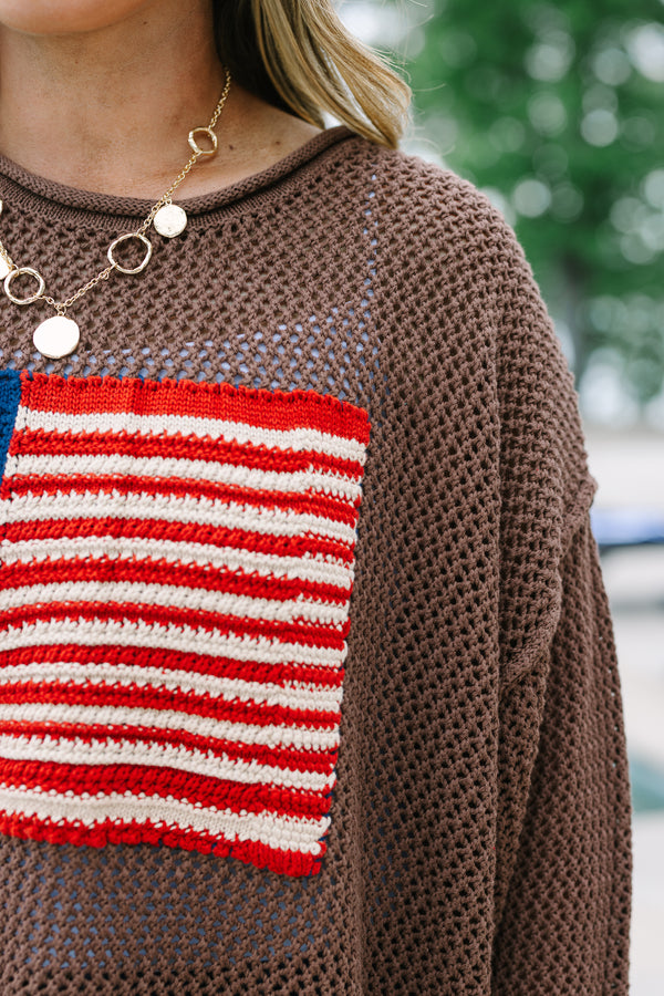 Chic Soul plus size clothing, brown knit long sleeve sweater with knit American flag on front