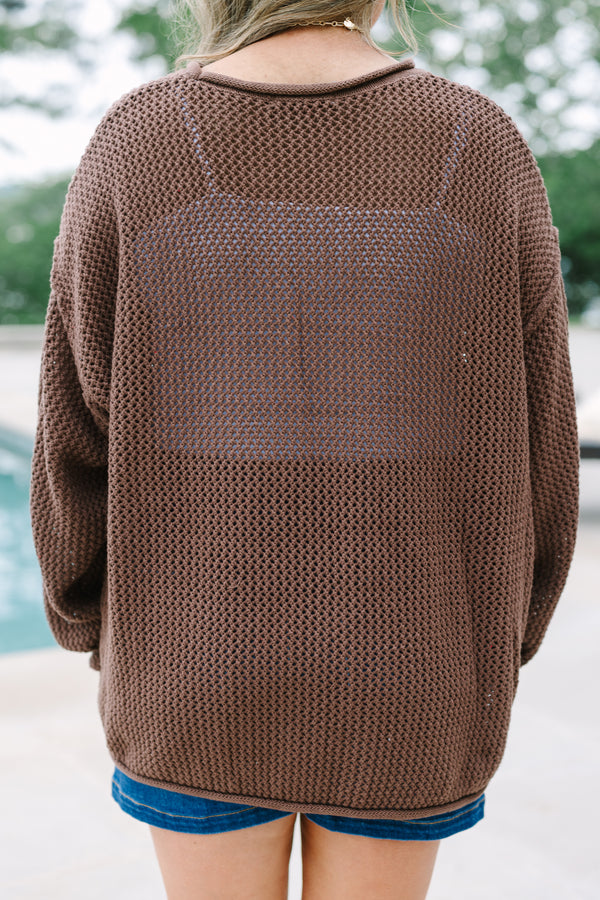 Chic Soul plus size clothing, brown knit long sleeve sweater with knit American flag on front