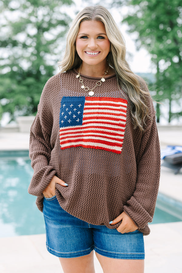 Chic Soul plus size clothing, brown knit long sleeve sweater with knit American flag on front
