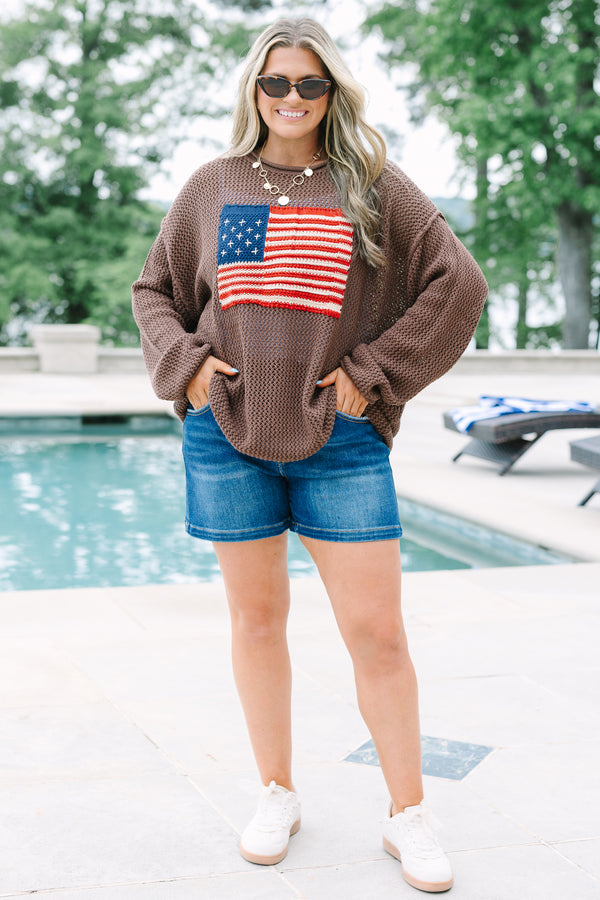 Chic Soul plus size clothing, brown knit long sleeve sweater with knit American flag on front