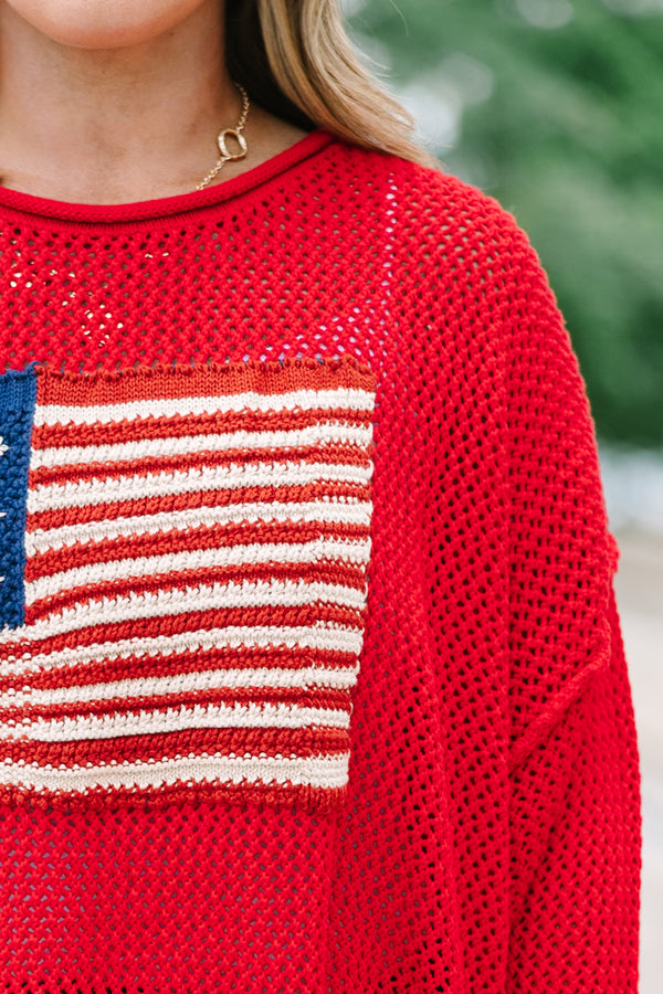 Chic Soul plus size clothing, ruby knit long sleeve sweater with knit American flag on front
