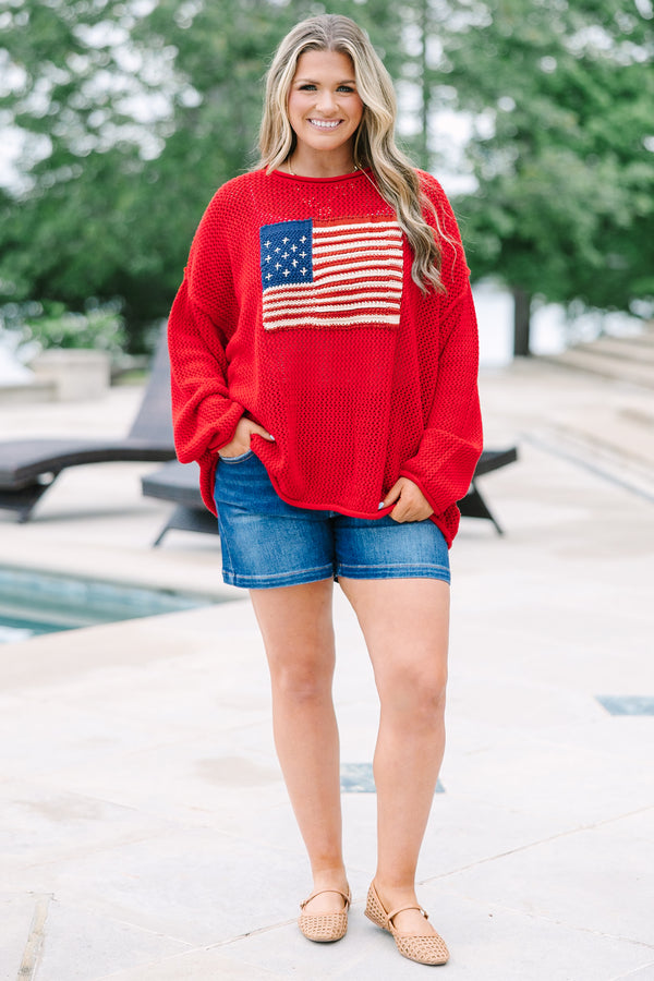 Chic Soul plus size clothing, ruby knit long sleeve sweater with knit American flag on front