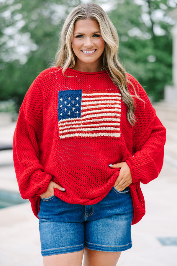 Chic Soul plus size clothing, ruby knit long sleeve sweater with knit American flag on front