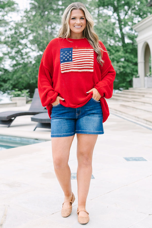 Chic Soul plus size clothing, ruby knit long sleeve sweater with knit American flag on front