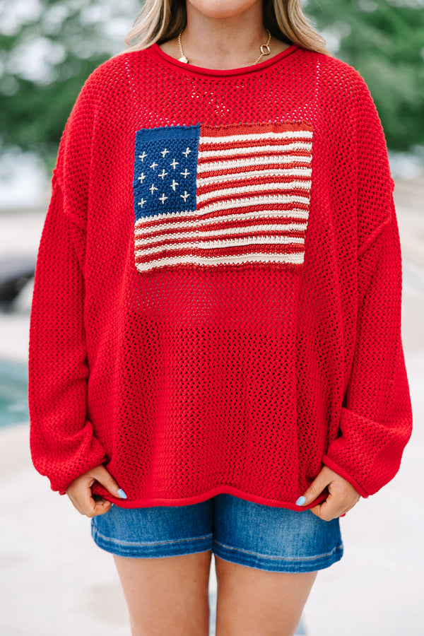 Chic Soul plus size clothing, ruby knit long sleeve sweater with knit American flag on front