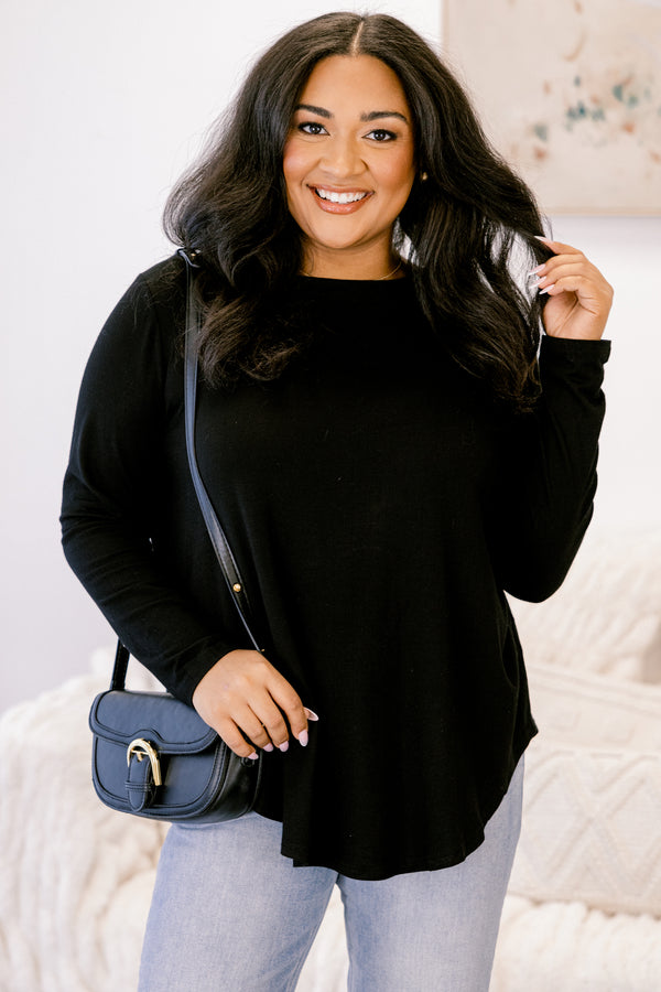 Chic Soul plus size clothing, black long sleeve scoop hem top
