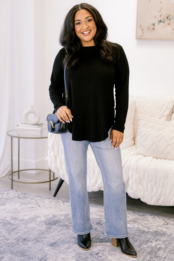 Chic Soul plus size clothing, black long sleeve scoop hem top