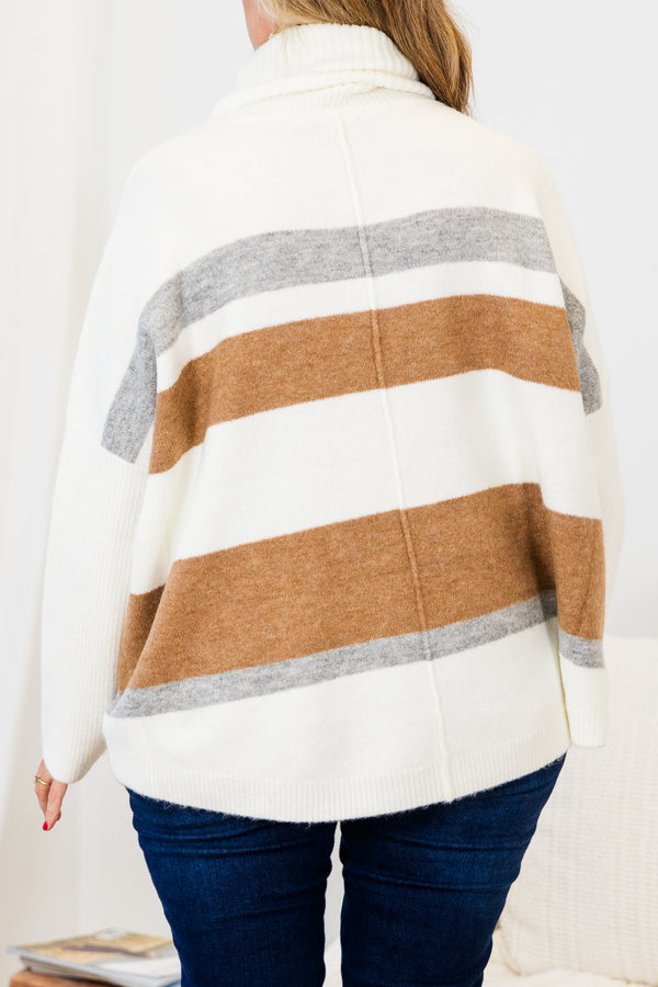  Chic Soul plus size clothing, long-sleeve cream tunic with a fold-down turtle-neckline and camel and gray striped pattern detailing 