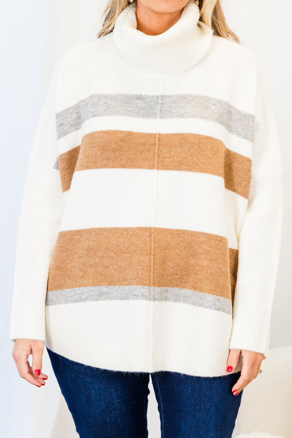  Chic Soul plus size clothing, long-sleeve cream tunic with a fold-down turtle-neckline and camel and gray striped pattern detailing 