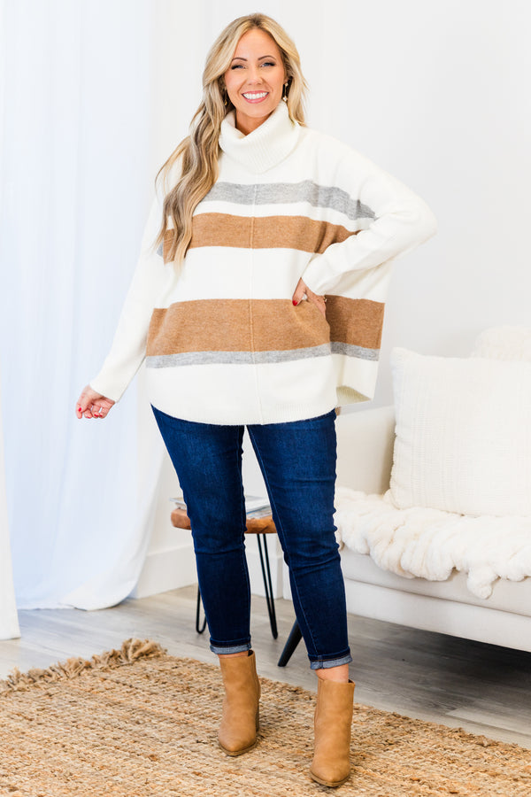  Chic Soul plus size clothing, long-sleeve cream tunic with a fold-down turtle-neckline and camel and gray striped pattern detailing 