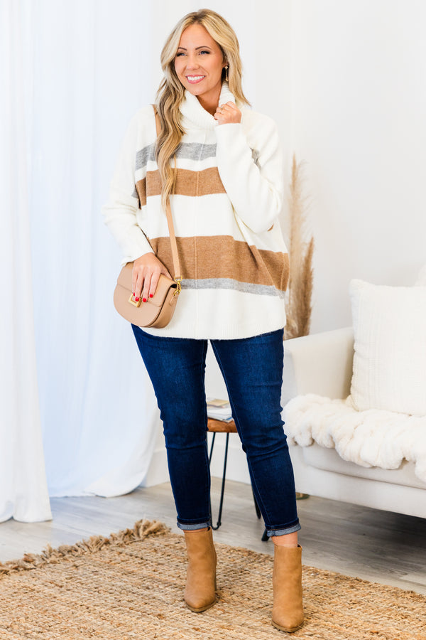  Chic Soul plus size clothing, long-sleeve cream tunic with a fold-down turtle-neckline and camel and gray striped pattern detailing 