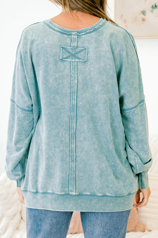 Chic Soul plus size clothing, ash blue acid wash long sleeve crewneck pullover top with front pocket