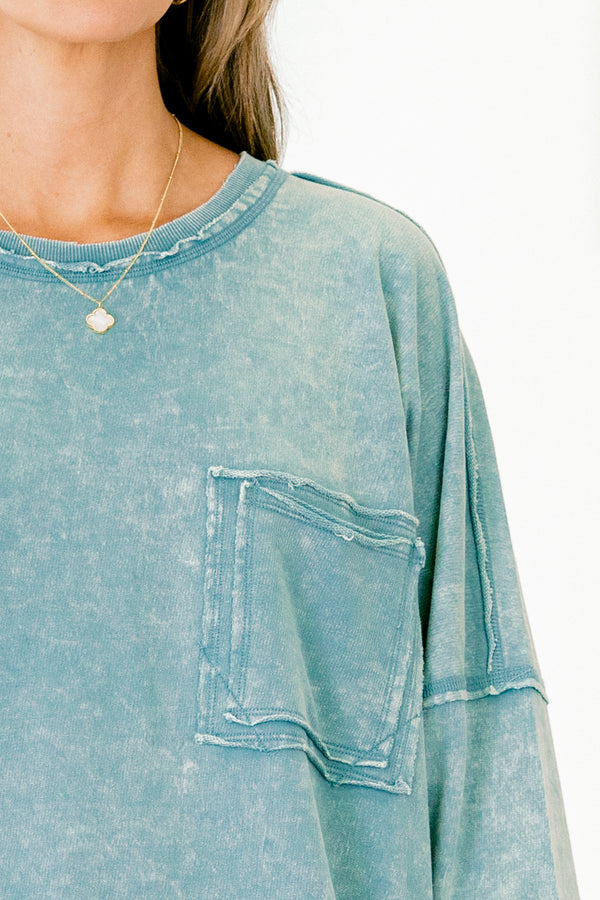 Chic Soul plus size clothing, ash blue acid wash long sleeve crewneck pullover top with front pocket