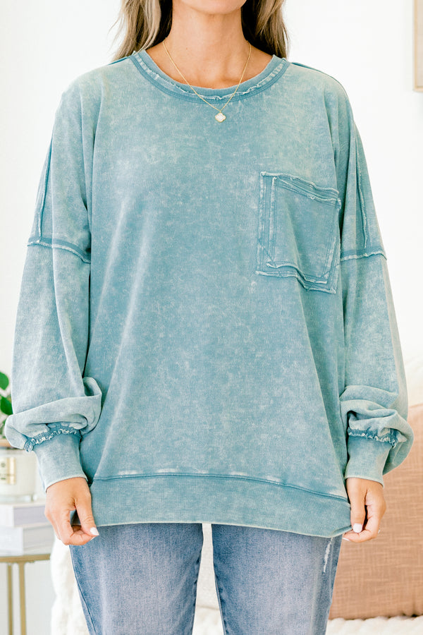 Chic Soul plus size clothing, ash blue acid wash long sleeve crewneck pullover top with front pocket