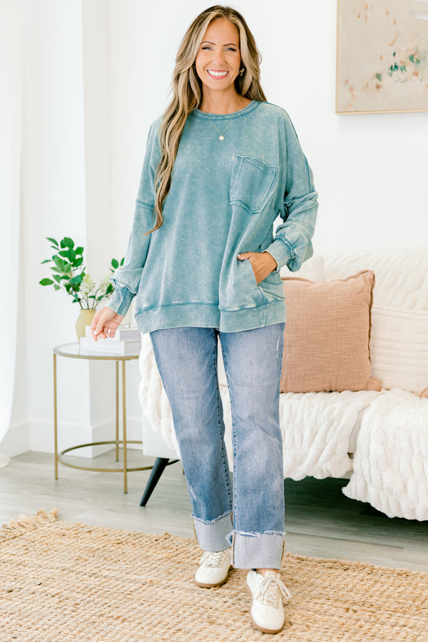 Chic Soul plus size clothing, ash blue acid wash long sleeve crewneck pullover top with front pocket