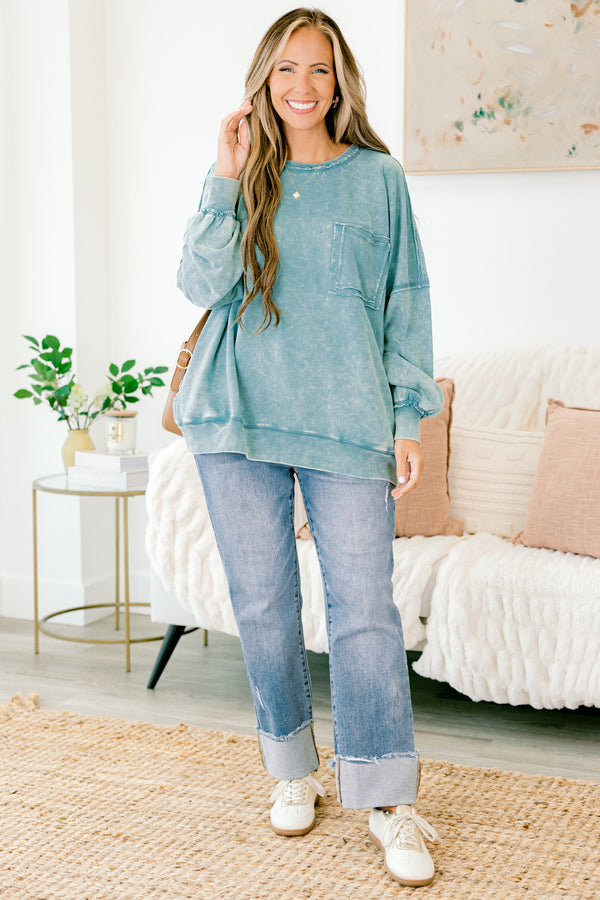 Chic Soul plus size clothing, ash blue acid wash long sleeve crewneck pullover top with front pocket