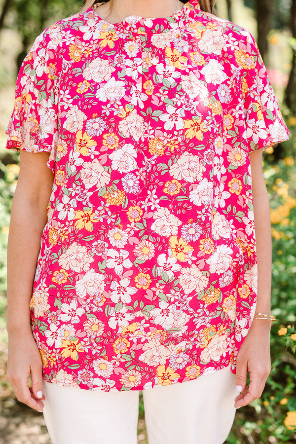 Chic Soul plus size clothing, fuchsia short sleeve mock neck multi color floral print top with puff sleeves