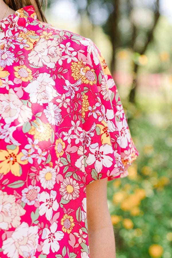 Chic Soul plus size clothing, fuchsia short sleeve mock neck multi color floral print top with puff sleeves