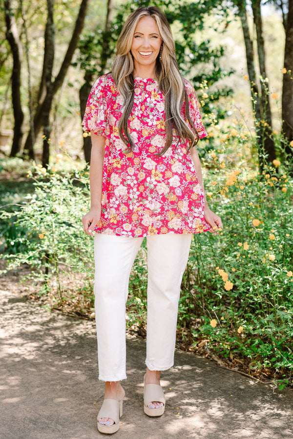Chic Soul plus size clothing, fuchsia short sleeve mock neck multi color floral print top with puff sleeves