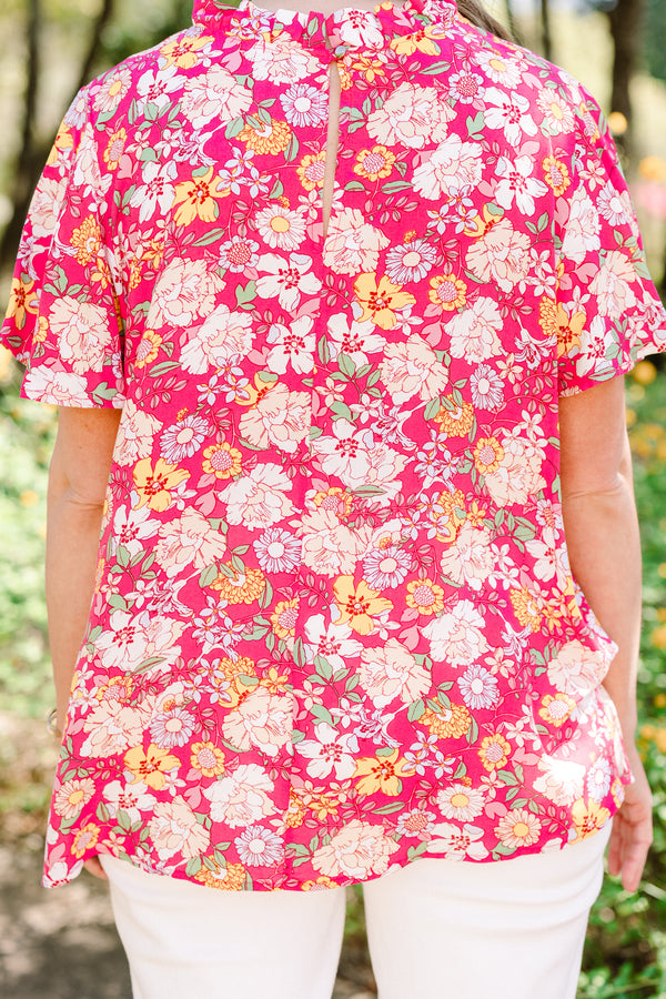 Chic Soul plus size clothing, fuchsia short sleeve mock neck multi color floral print top with puff sleeves