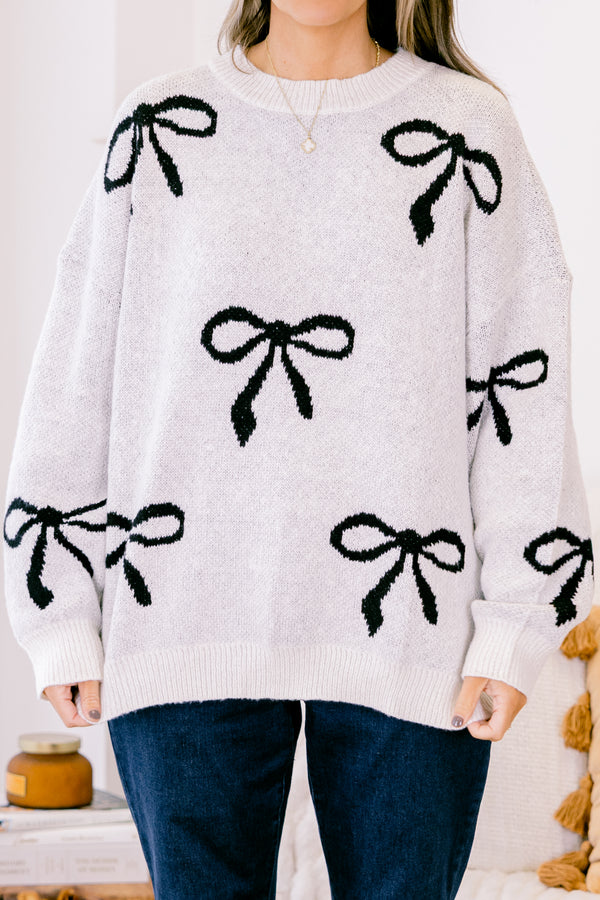 Chic Soul plus size clothing, Gray long sleeve sweater with round neckline with black bow detail pattern 