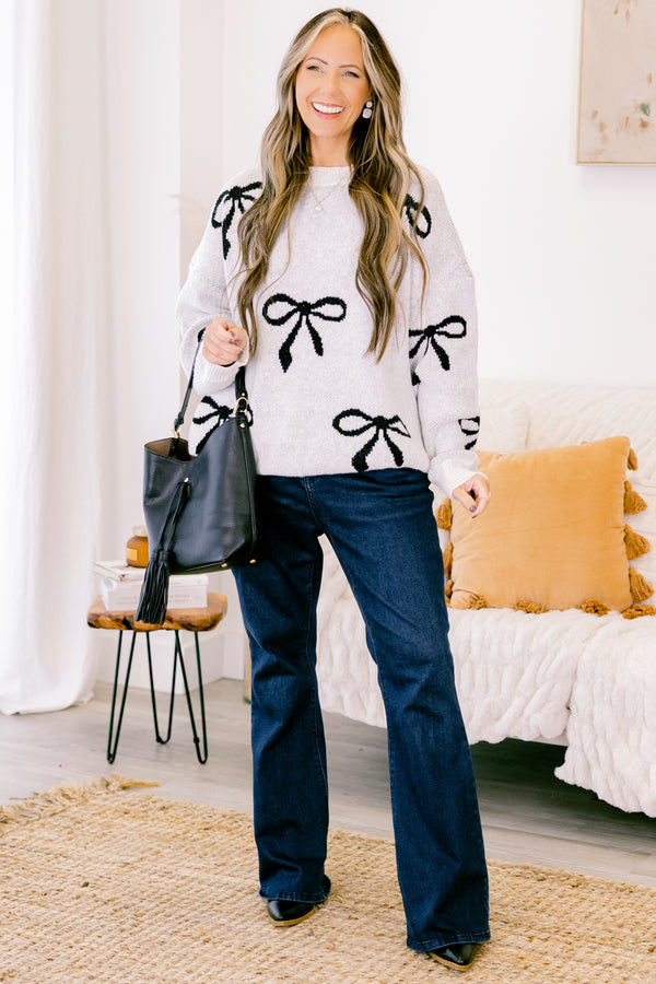 Chic Soul plus size clothing, Gray long sleeve sweater with round neckline with black bow detail pattern 