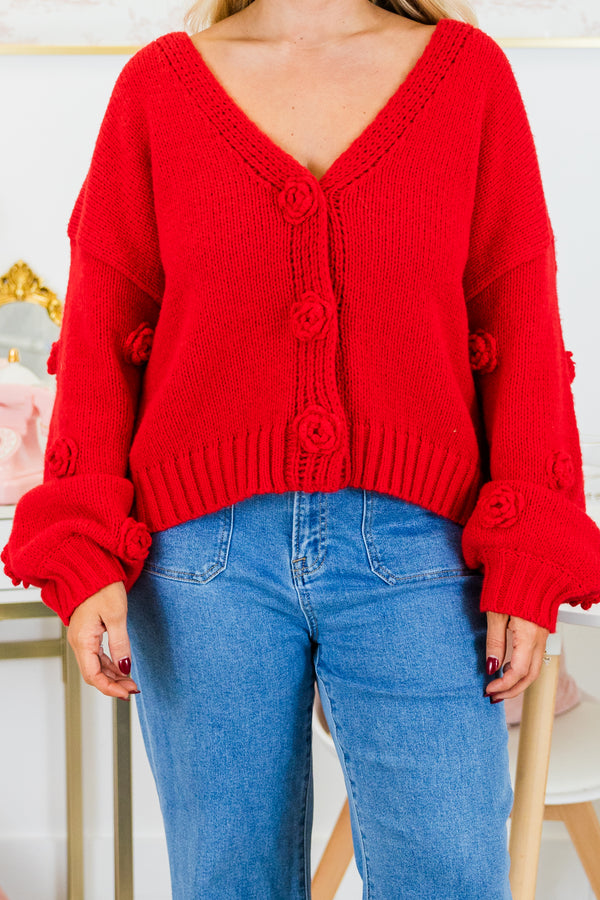 Chic Soul plus size clothing, red cropped long sleeve cardigans with roset buttons