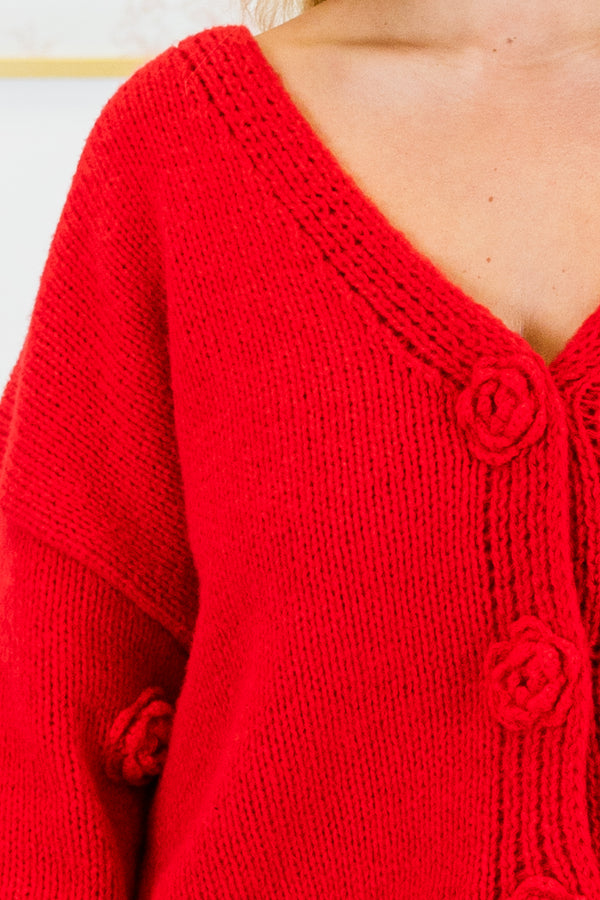 Chic Soul plus size clothing, red cropped long sleeve cardigans with roset buttons