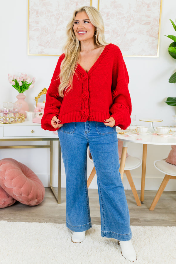 Chic Soul plus size clothing, red cropped long sleeve cardigans with roset buttons