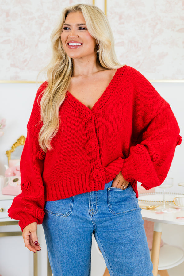 Chic Soul plus size clothing, red cropped long sleeve cardigans with roset buttons