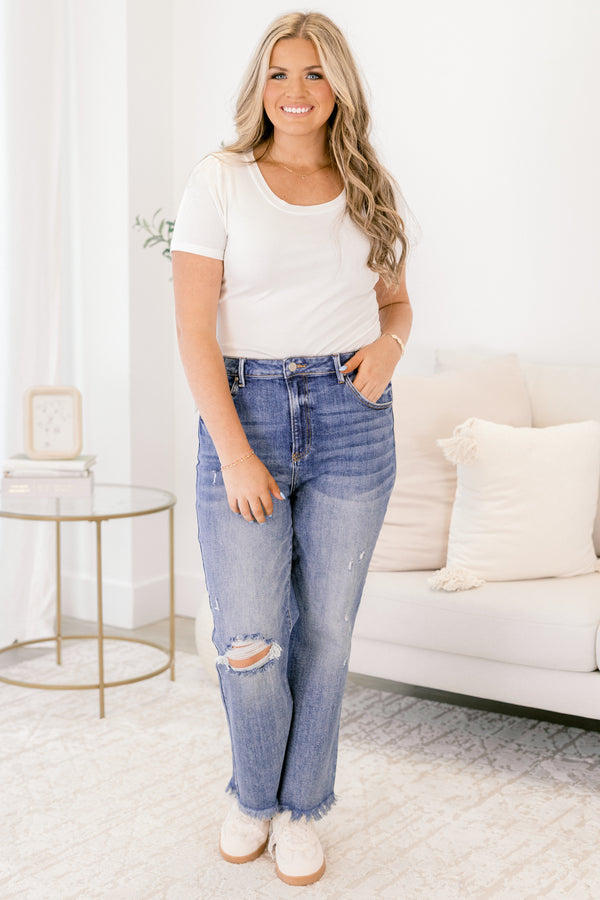 Chic Soul plus size clothing, dark wash high rise cropped boot cut jeans with mild distressing and frayed hem