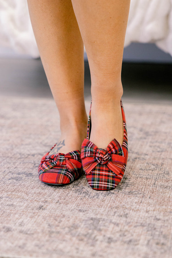 Chic Soul plus size clothing Red plaid flats with a bow detail on the center of the toe 