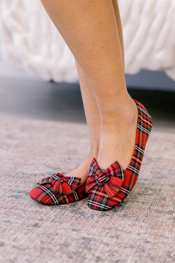 Chic Soul plus size clothing Red plaid flats with a bow detail on the center of the toe 
