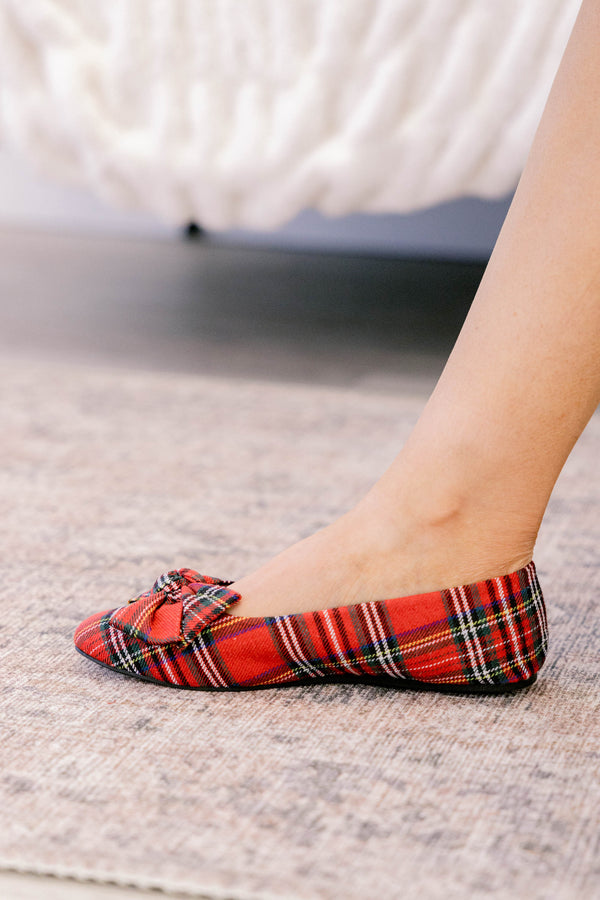 Chic Soul plus size clothing Red plaid flats with a bow detail on the center of the toe 