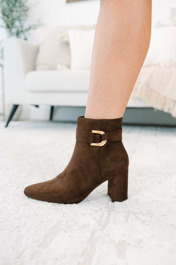 Plus Size brown microsuede ankle booties with a pointed toe and gold-tone buckle accent.