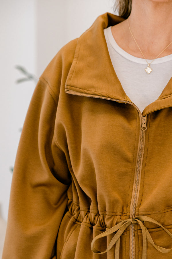 Chic Soul plus size clothing, light brown zip up jacket that cinches at the waist with a tie